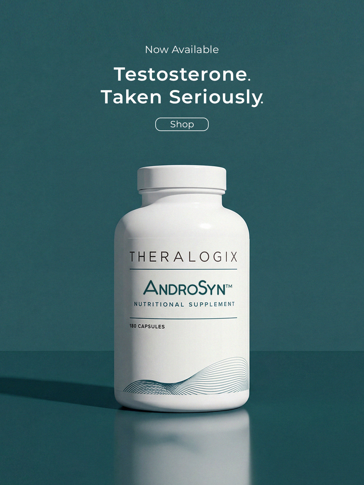 Theralogix AndroSyn nutritional supplement bottle on a teal background with promotional text.