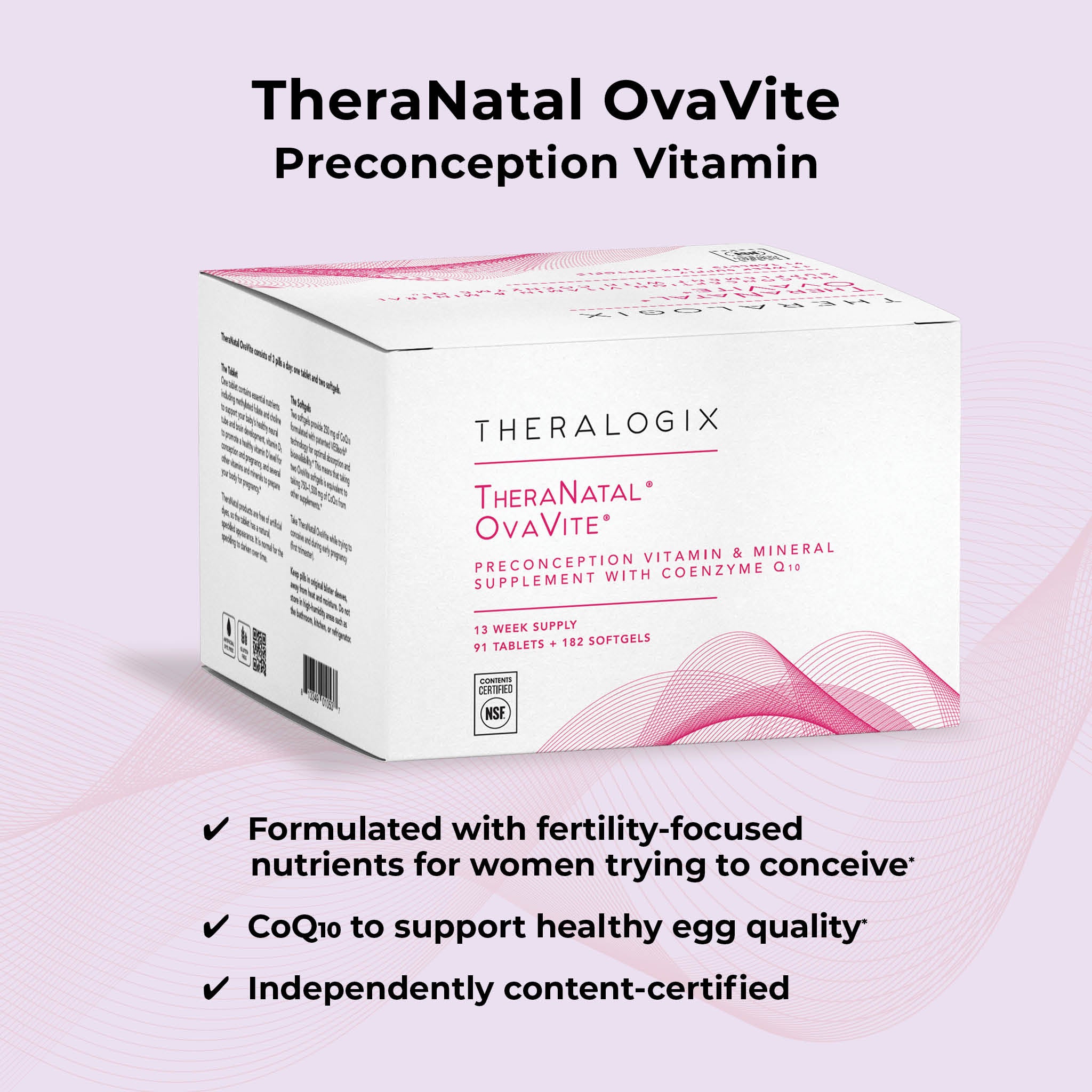 TheraNatal OvaVite preconception vitamin box with fertility-focused nutrients and CoQ10 for healthy egg quality, independently content-certified.