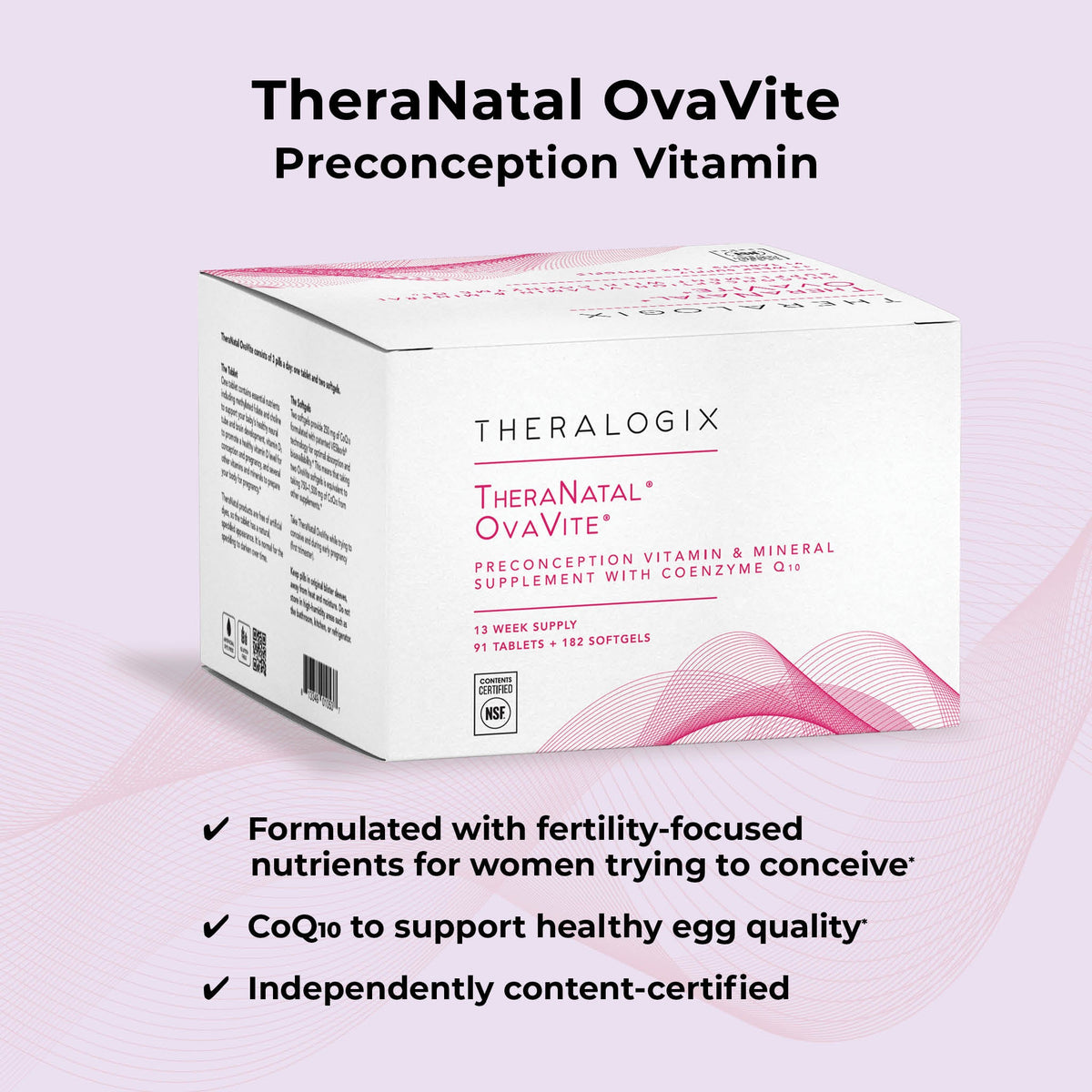 TheraNatal OvaVite preconception vitamin box with fertility-focused nutrients and CoQ10 for healthy egg quality, independently content-certified.