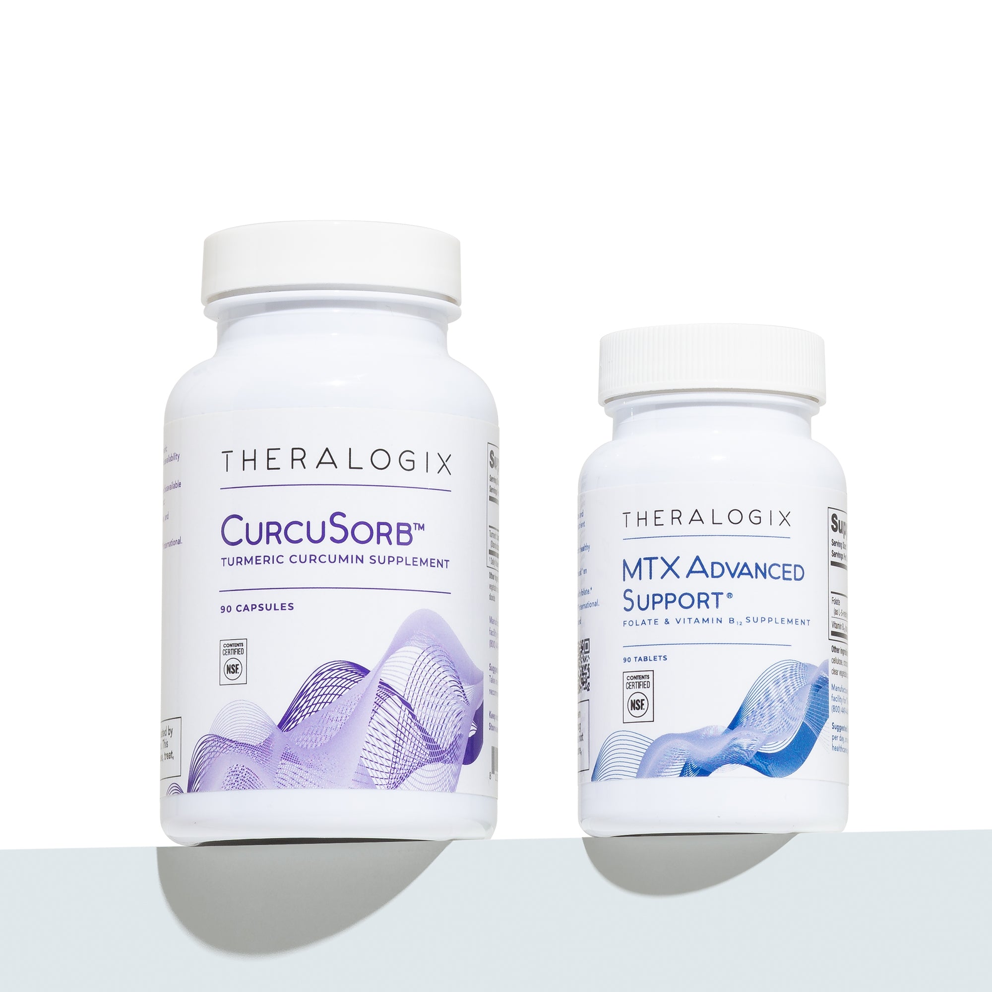 Theralogix CurcuSorbtm and MTX Advanced Supporttm dietary supplements bottles on a white background.