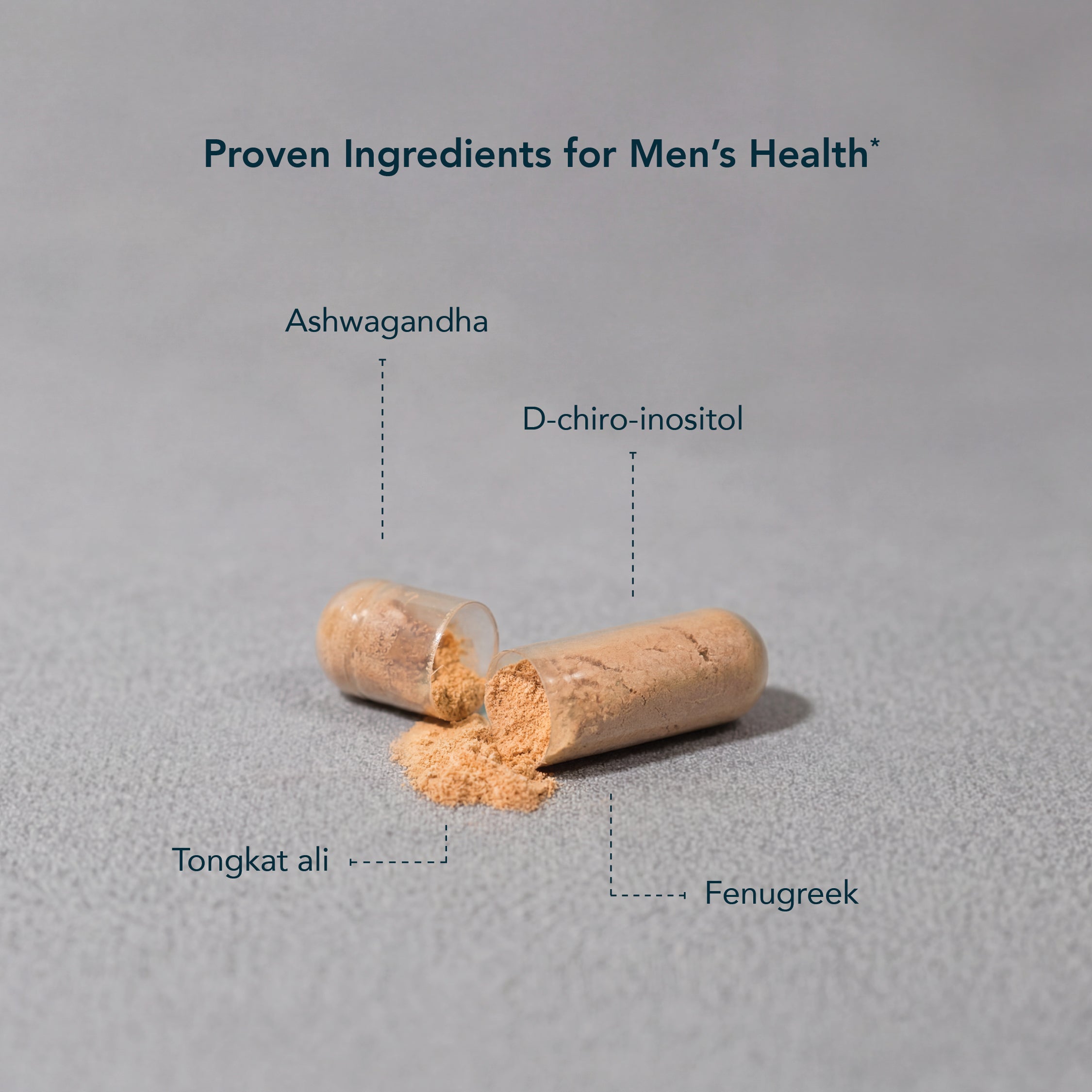 open pill with orange powder showing ashwaghanda, d-chiro-inositol, tongkat ali, and fenugreek for mens health supplement