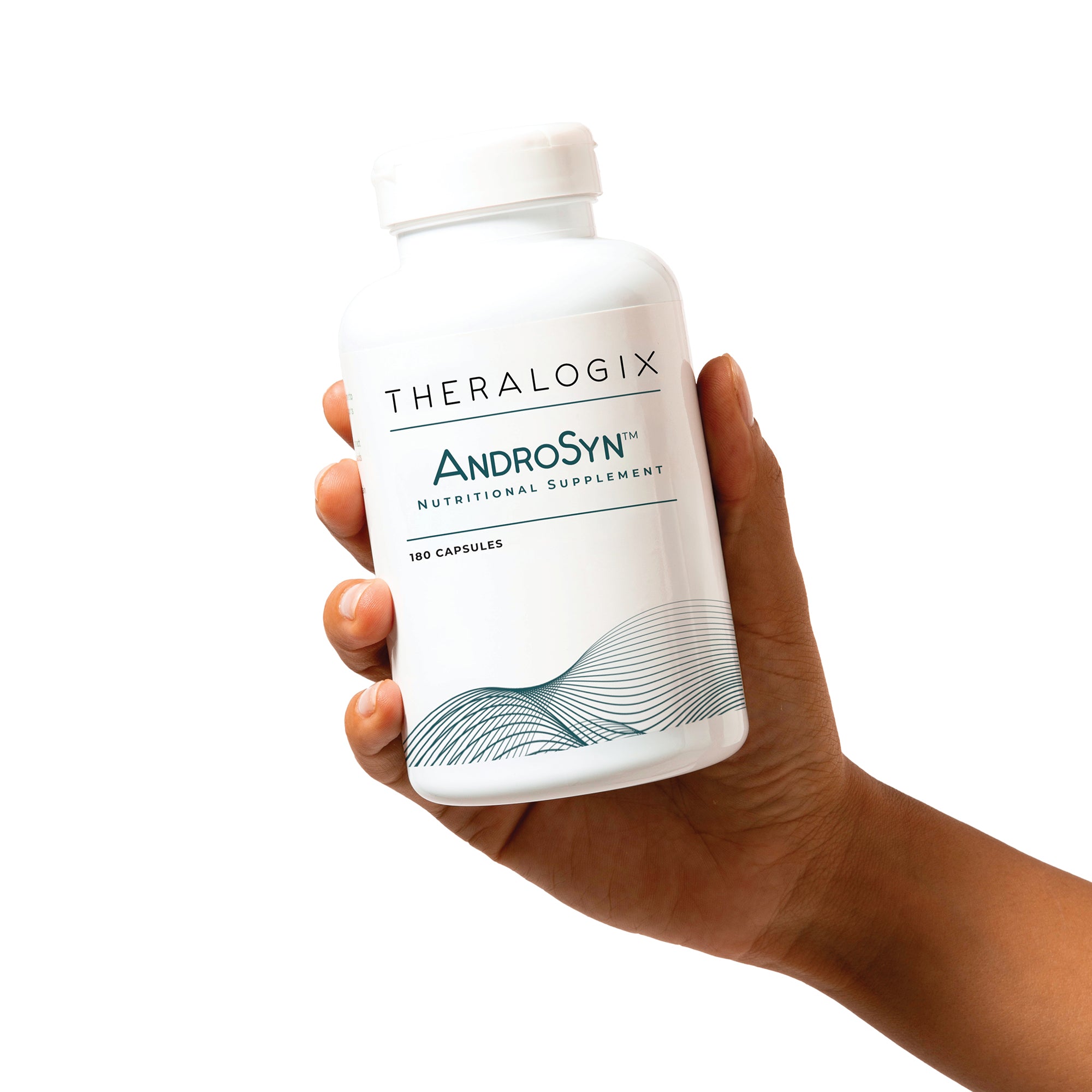 Hand holding a bottle of Theralogix AndroSyn supplement on a white background