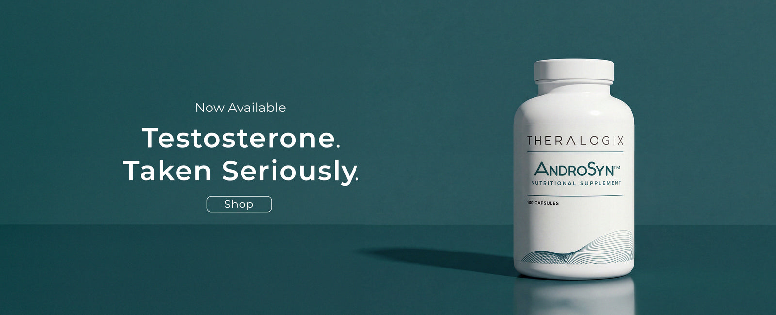 Theralogix AndroSyn supplement bottle on a teal background with promotional text.