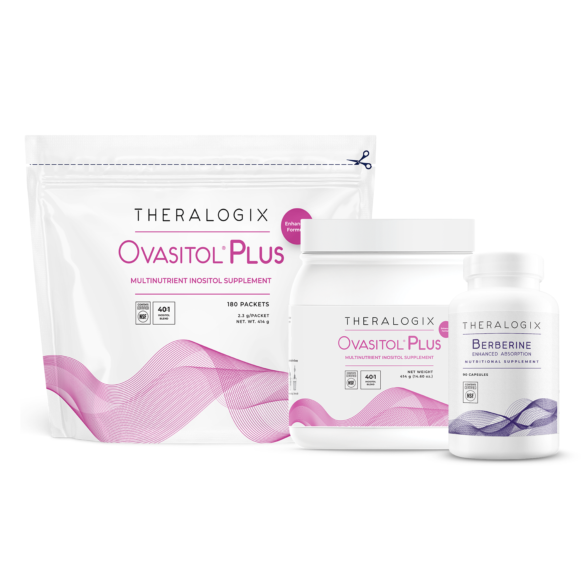 Theralogix Ovasitol Plus and Berberine supplements packaging featuring multinutrient inositol and enhanced absorption formulas.