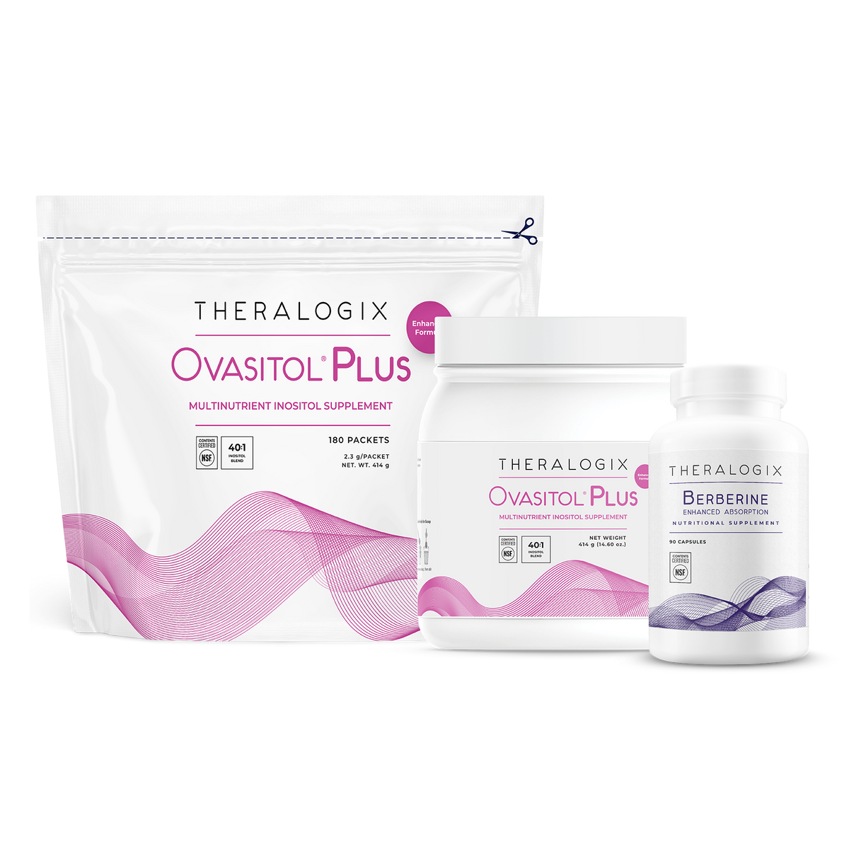 Theralogix Ovasitol Plus and Berberine supplements packaging featuring multinutrient inositol and enhanced absorption formulas.