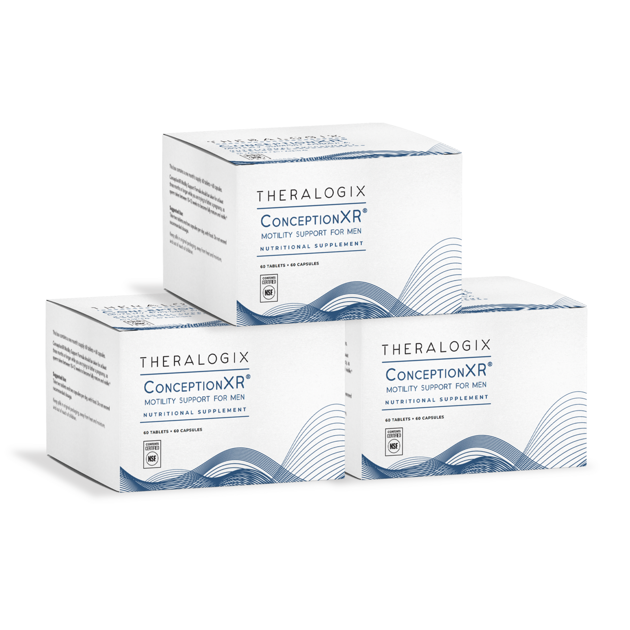 Three boxes of Theralogix ConceptionXR dietary supplement arranged in a pyramid shape on a white background.