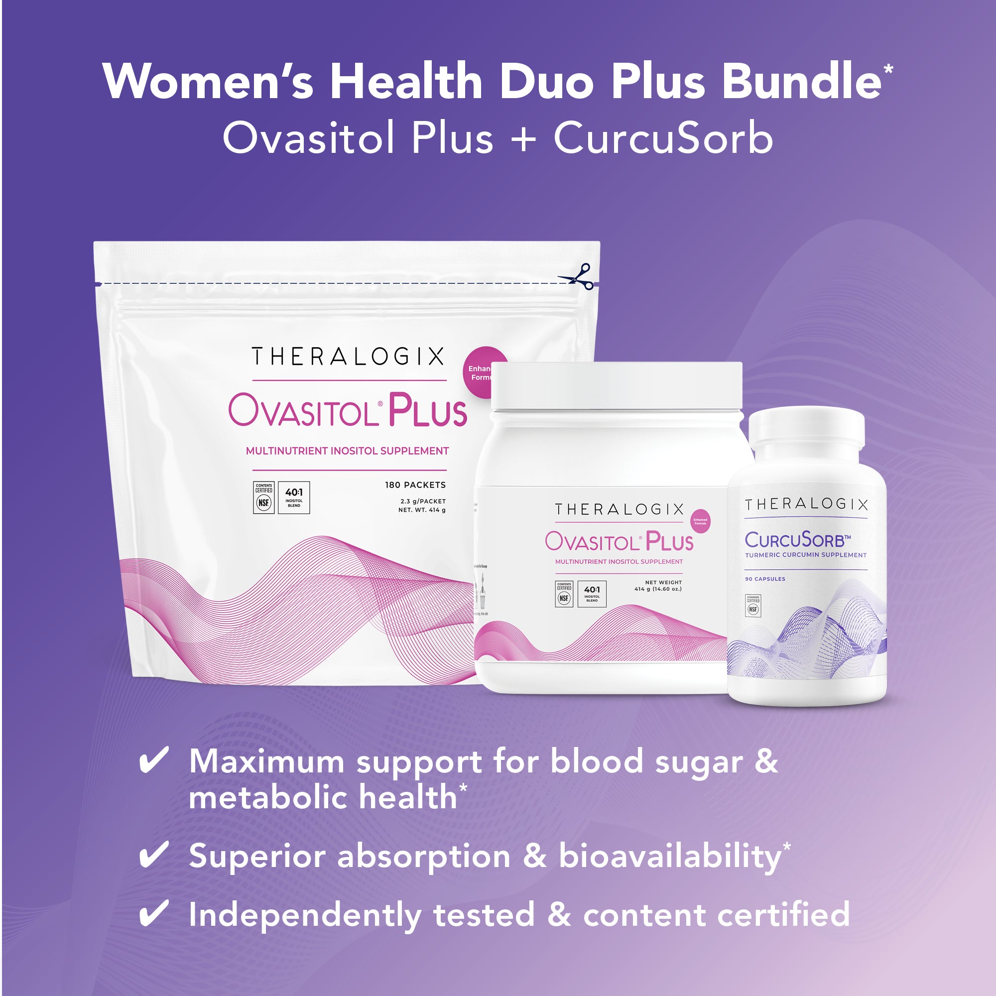 Ovasitol Plus and CurcuSorb supplements, Thealogix Women's Health Duo Plus Bundle, promotes blood sugar and metabolic health, superior absorption and bioavailability, independently tested and certified content.