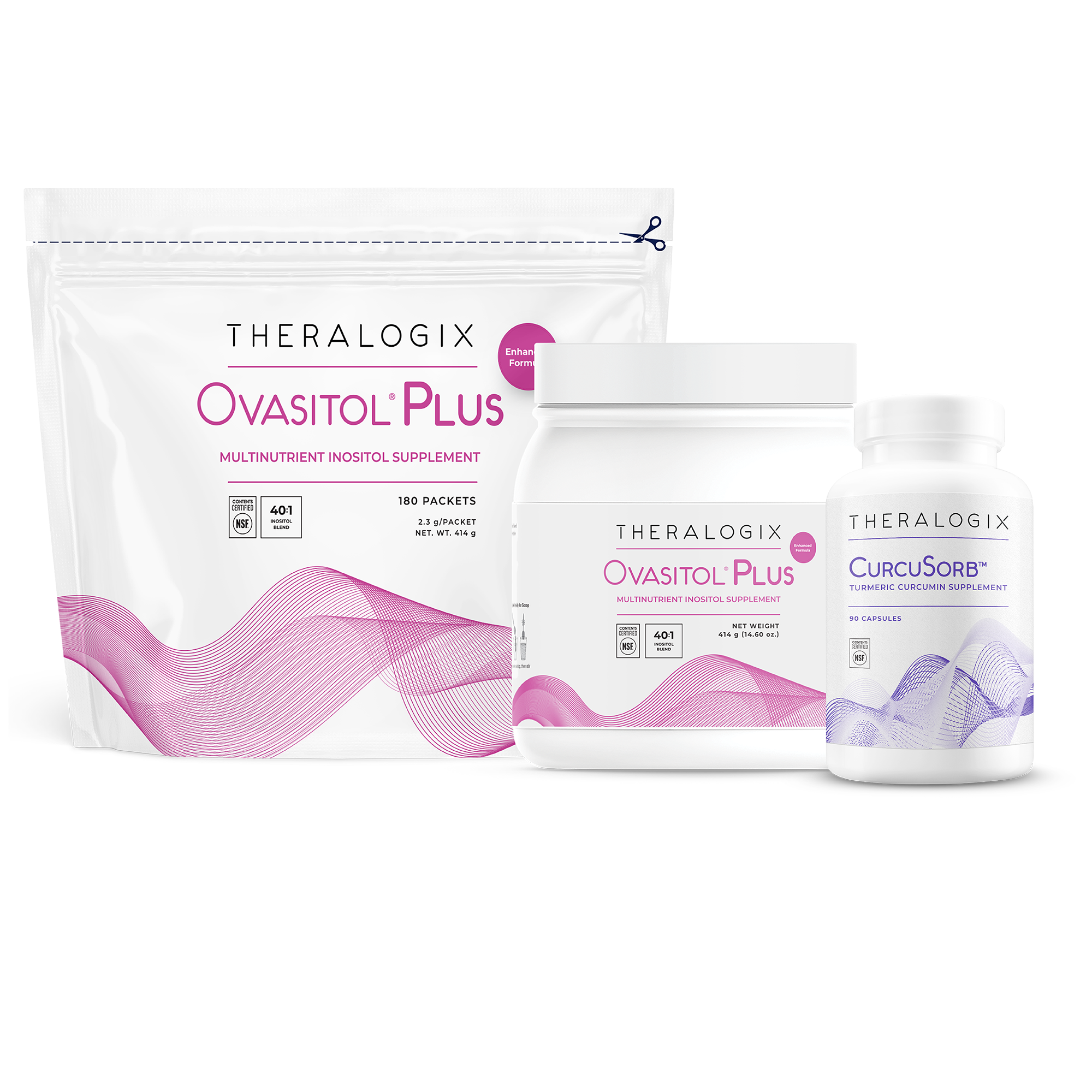 Theralogix Ovasitol Plus and CurcuSorb supplements packaging, featuring pink and purple branding with product labels visible.