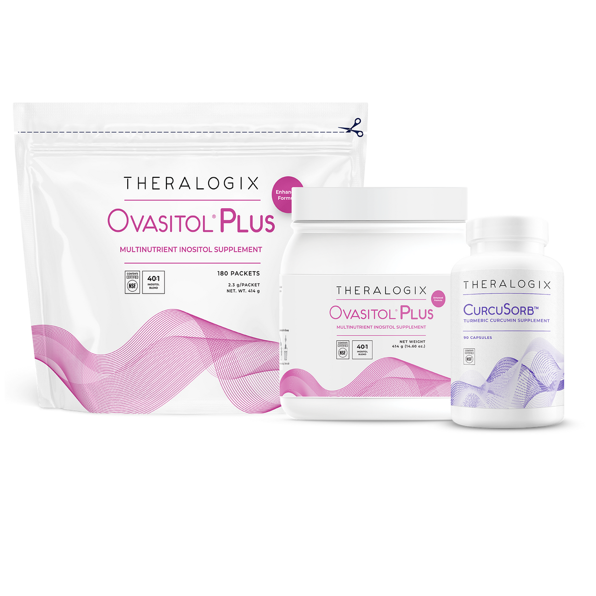 Theralogix Ovasitol Plus and CurcuSorb supplements packaging, featuring pink and purple branding with product labels visible.