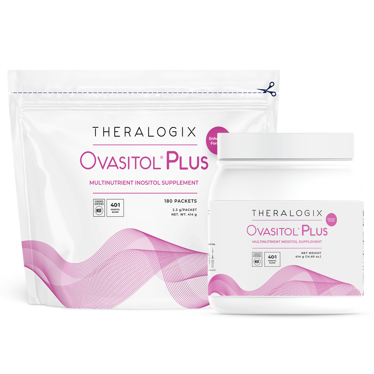Ovasitol Plus by Theralogix packaging, featuring multivitamin inositol supplement in a bag and jar with purple design.