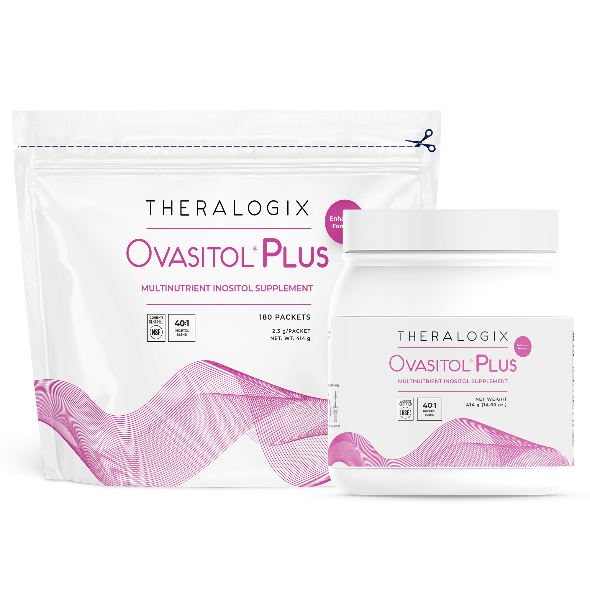 Ovasitol Plus by Theralogix packaging, featuring multivitamin inositol supplement in a bag and jar with purple design.