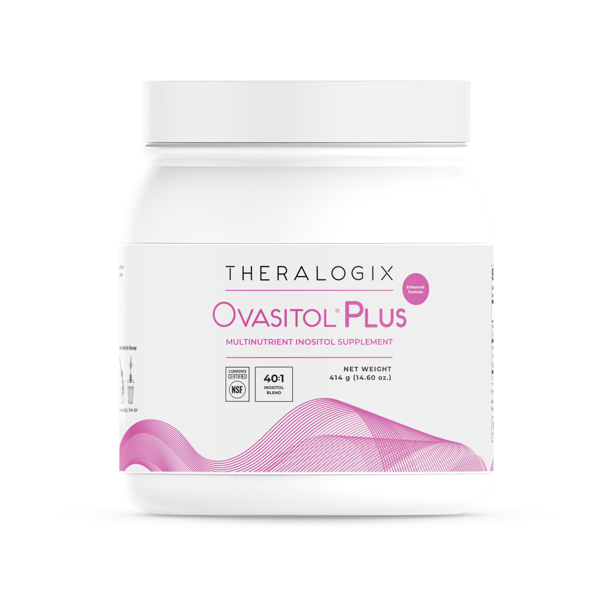 Theralogix Ovasitol Plus inositol supplement container, 414 grams, with enhanced formula label.