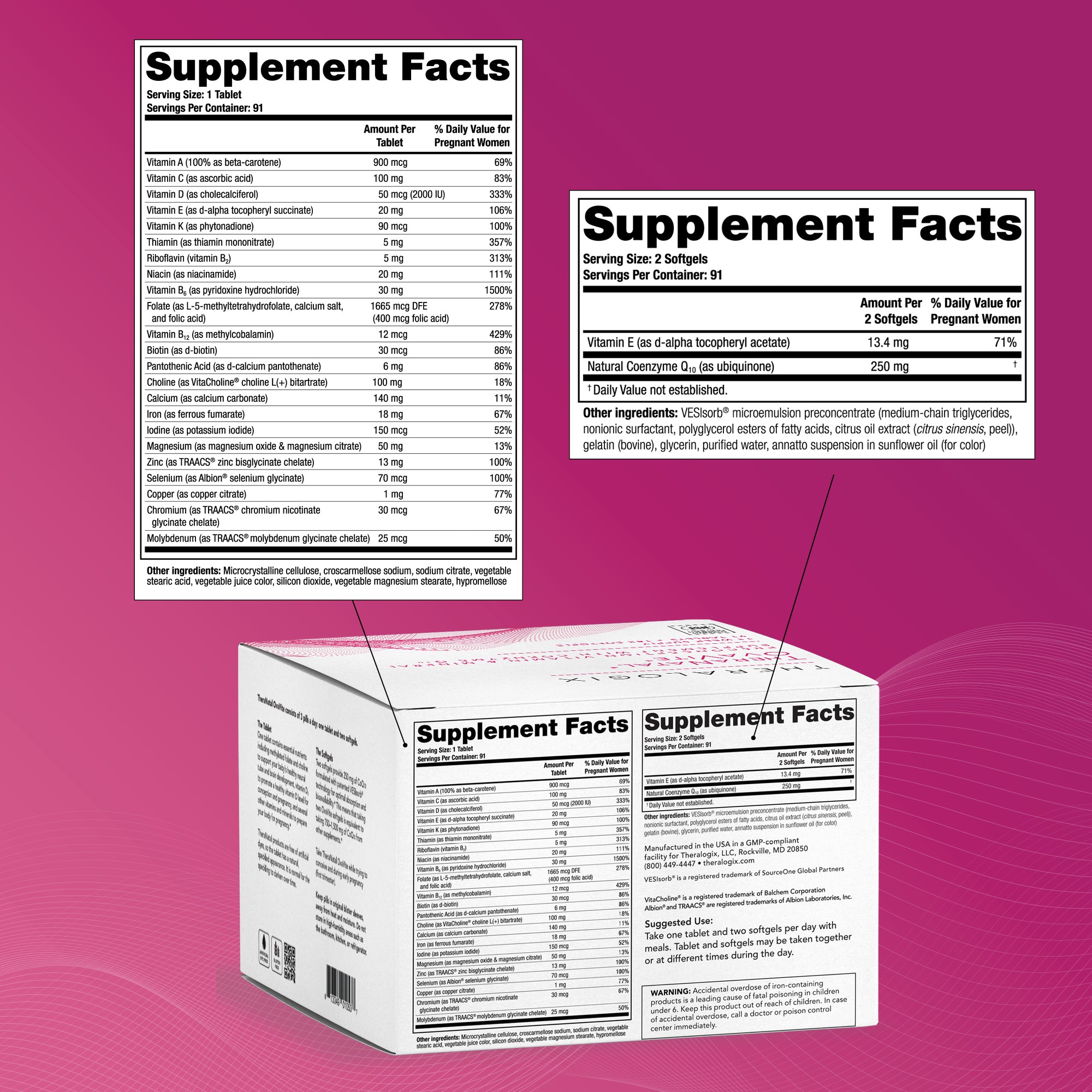 Product packaging with detailed supplement facts labels on a pink background, highlighting nutritional information and ingredients.