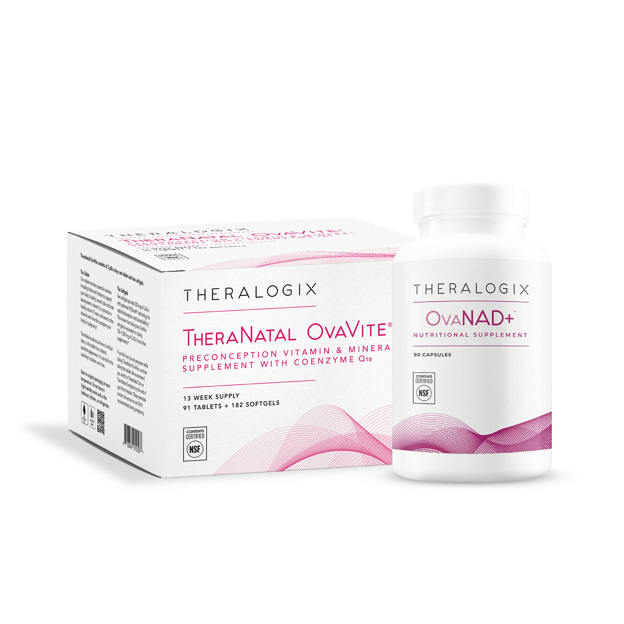 Theralogix TheraNatal OvaVite preconception vitamin and mineral supplement box and OvaNAD+ nutritional supplement bottle.