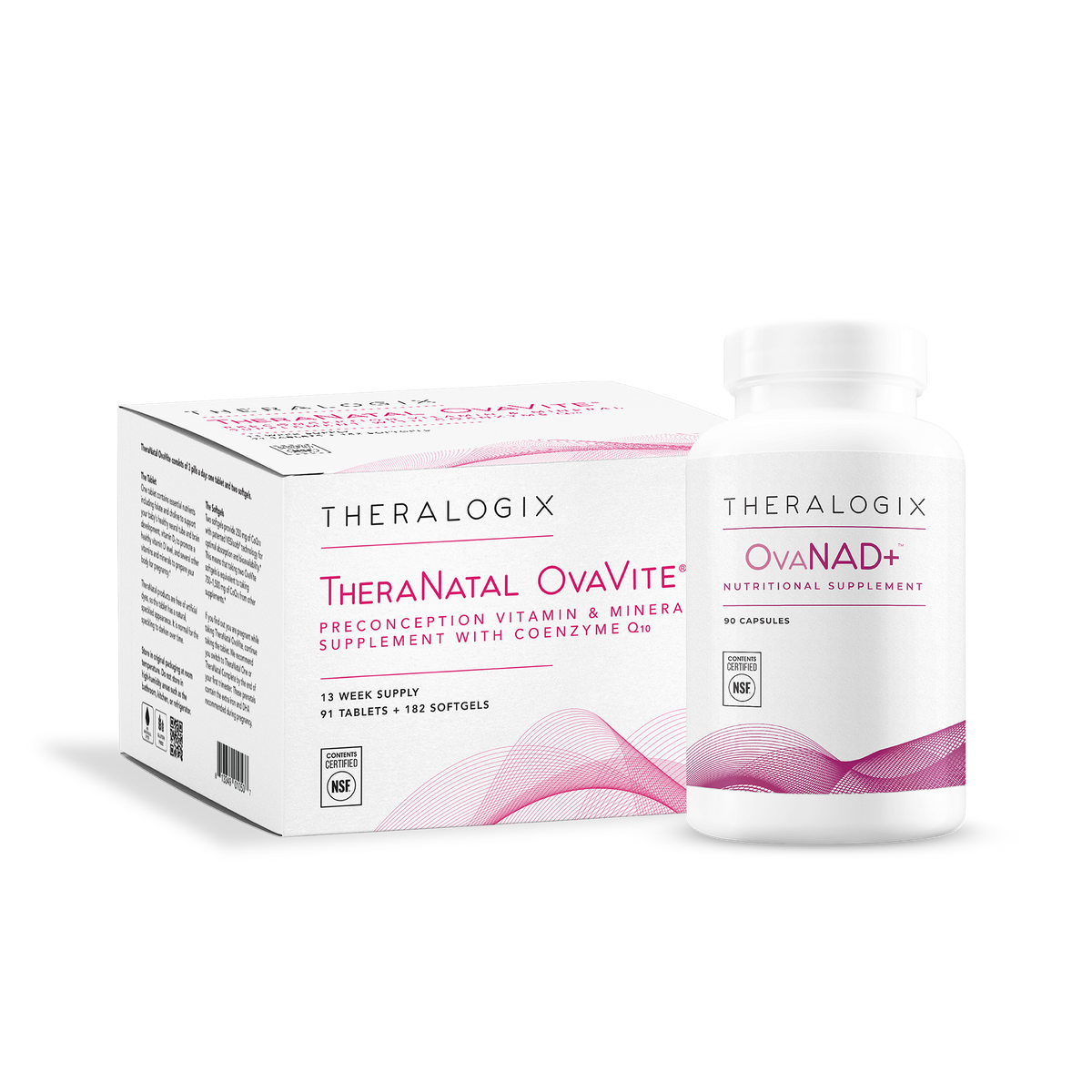Theralogix TheraNatal OvaVite preconception vitamin and mineral supplement box and OvaNAD+ nutritional supplement bottle.