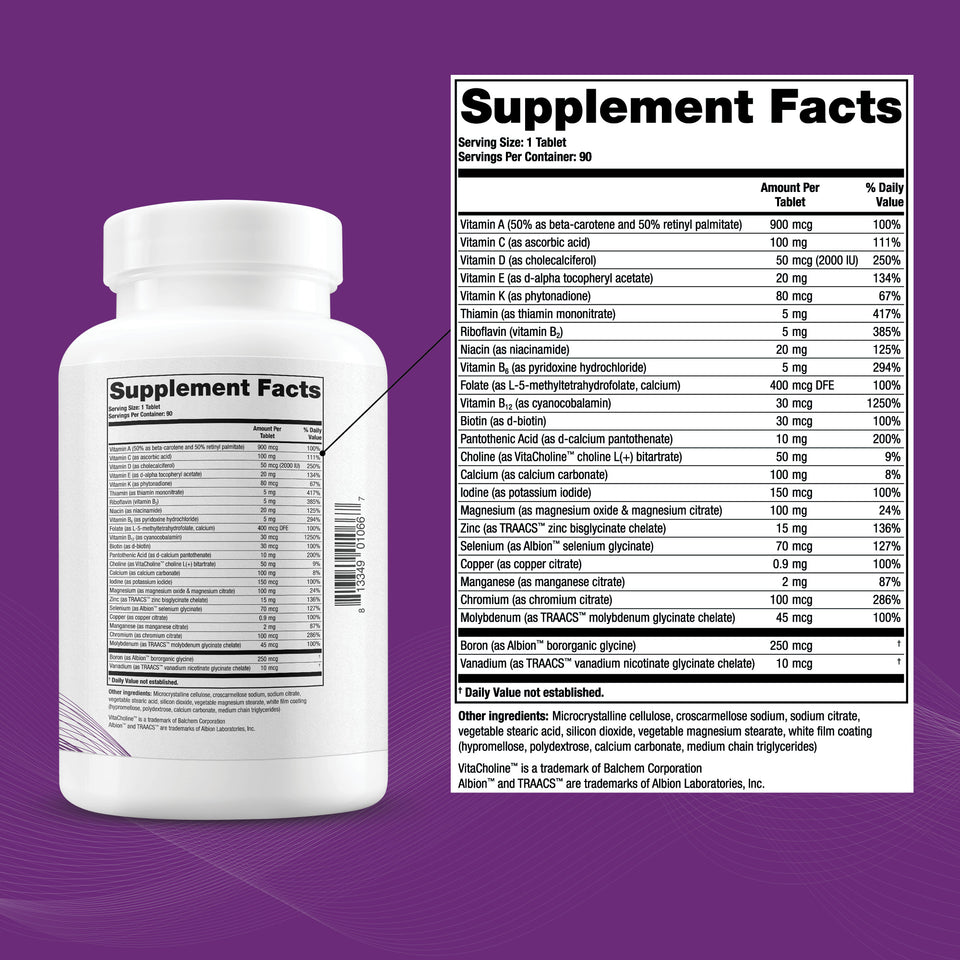 a once daily multivitamin with essential nutrients for men and women.