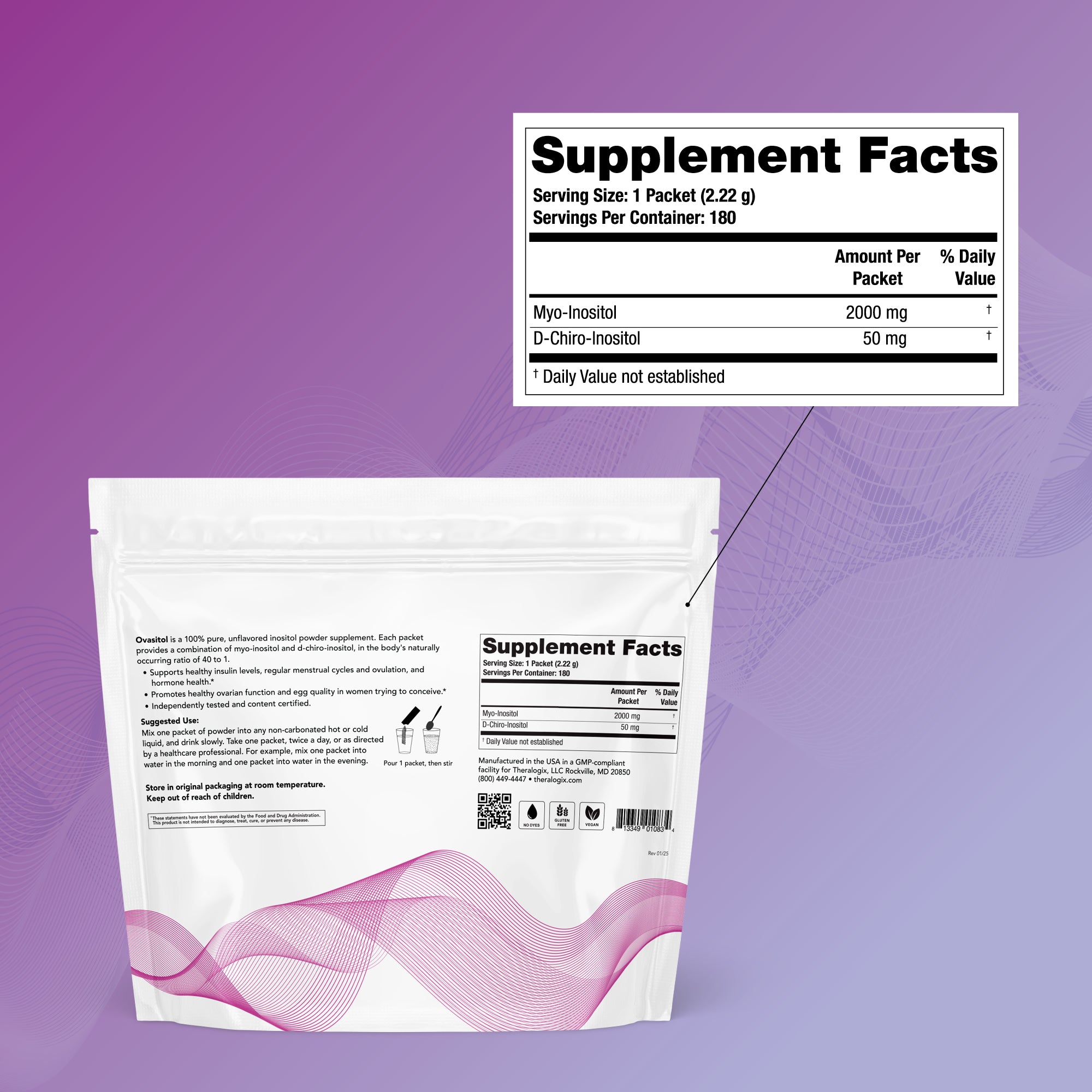 Inositol powder supplement packaging with supplement facts label, displaying Myo-Inositol and D-Chiro-Inositol quantities against a purple background.