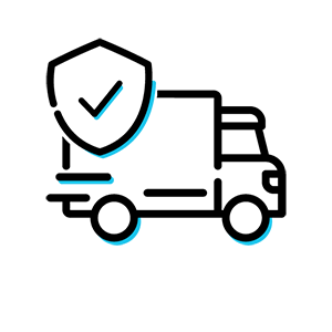 Icon of a truck with a shield and check mark on a white background