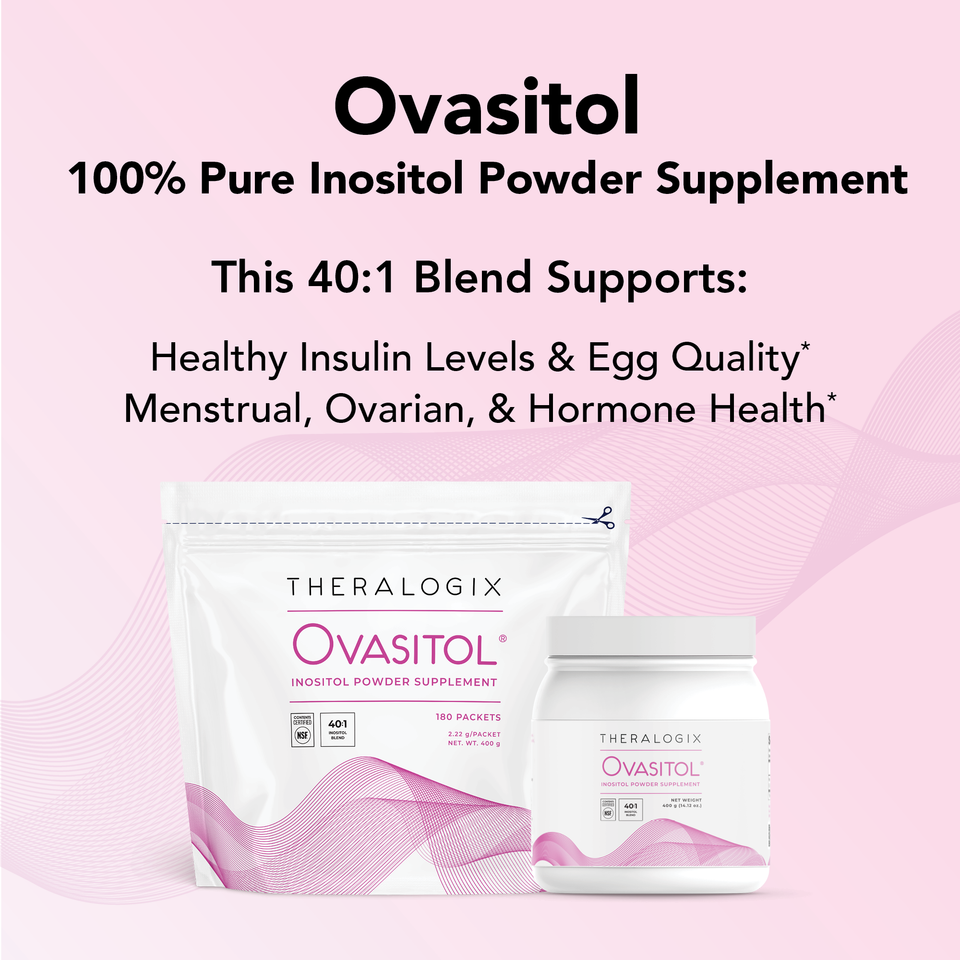 Ovasitol is unflavored and available in a recyclable canister with a scoop or convenient single-serving packets.  