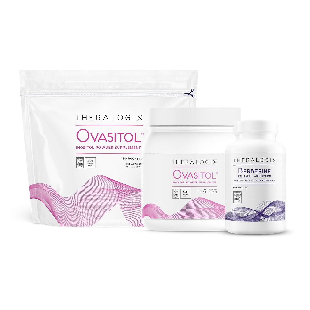 Theralogix Ovasitol inositol powder supplements and Berberine capsules for enhanced absorption displayed in packaging.