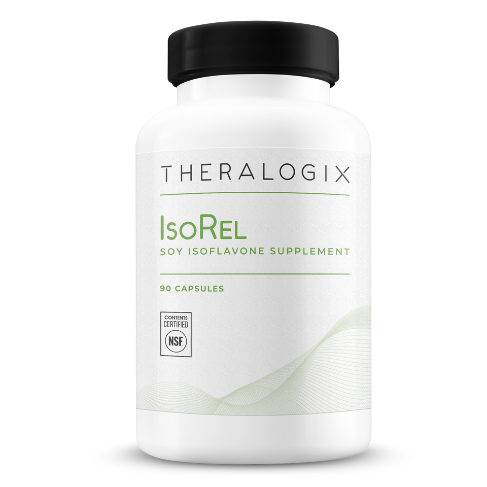 Physician recommended IsoRel Whole Soybean Extract Supplement containins soy isoflavones to reduce menopause hot flashes and promote cardiovascular and prostate health.