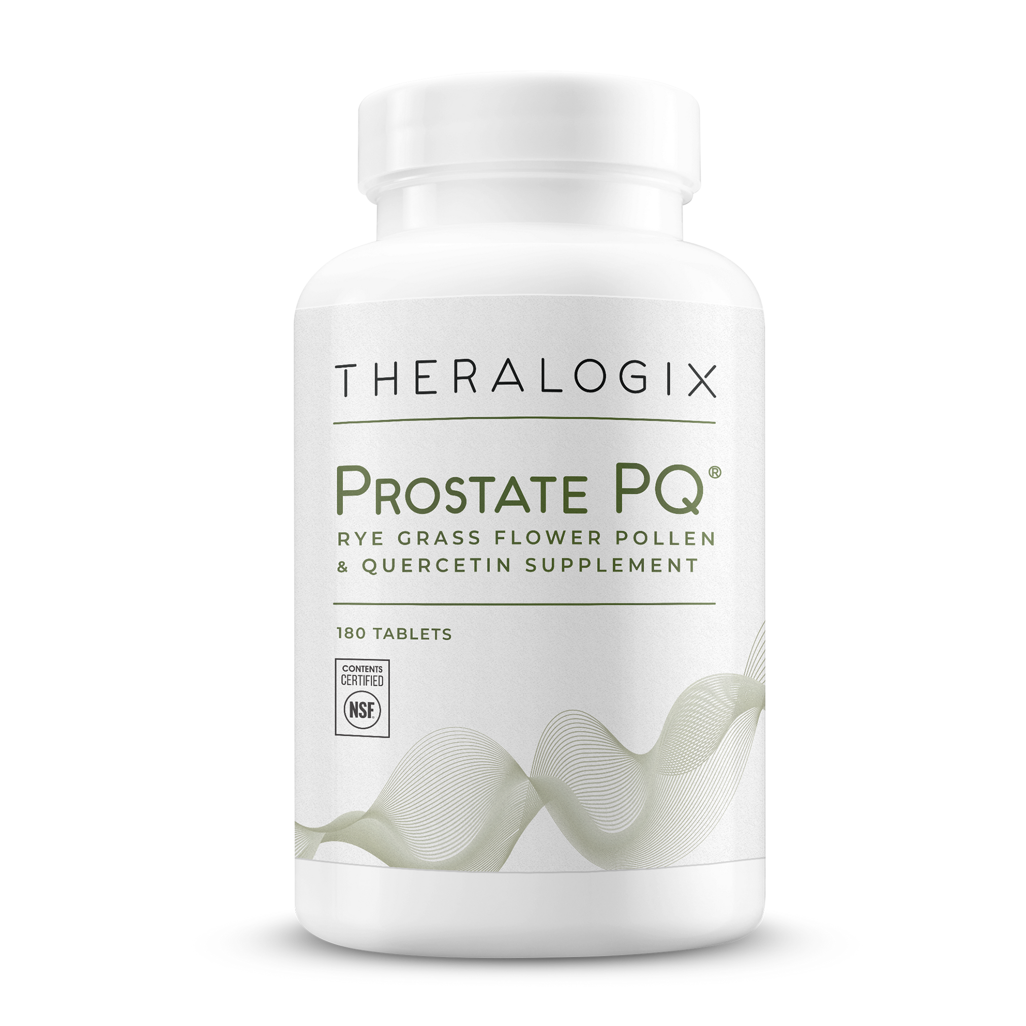 Prostate support supplement with a combination of rye grass flower pollen extract and quercetin to address pelvic discomfort and support healthy urinary function.