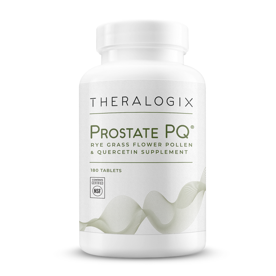 Prostate support supplement with a combination of rye grass flower pollen extract and quercetin to address pelvic discomfort and support healthy urinary function.