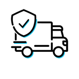 Icon of a truck with a shield and check mark on a white background