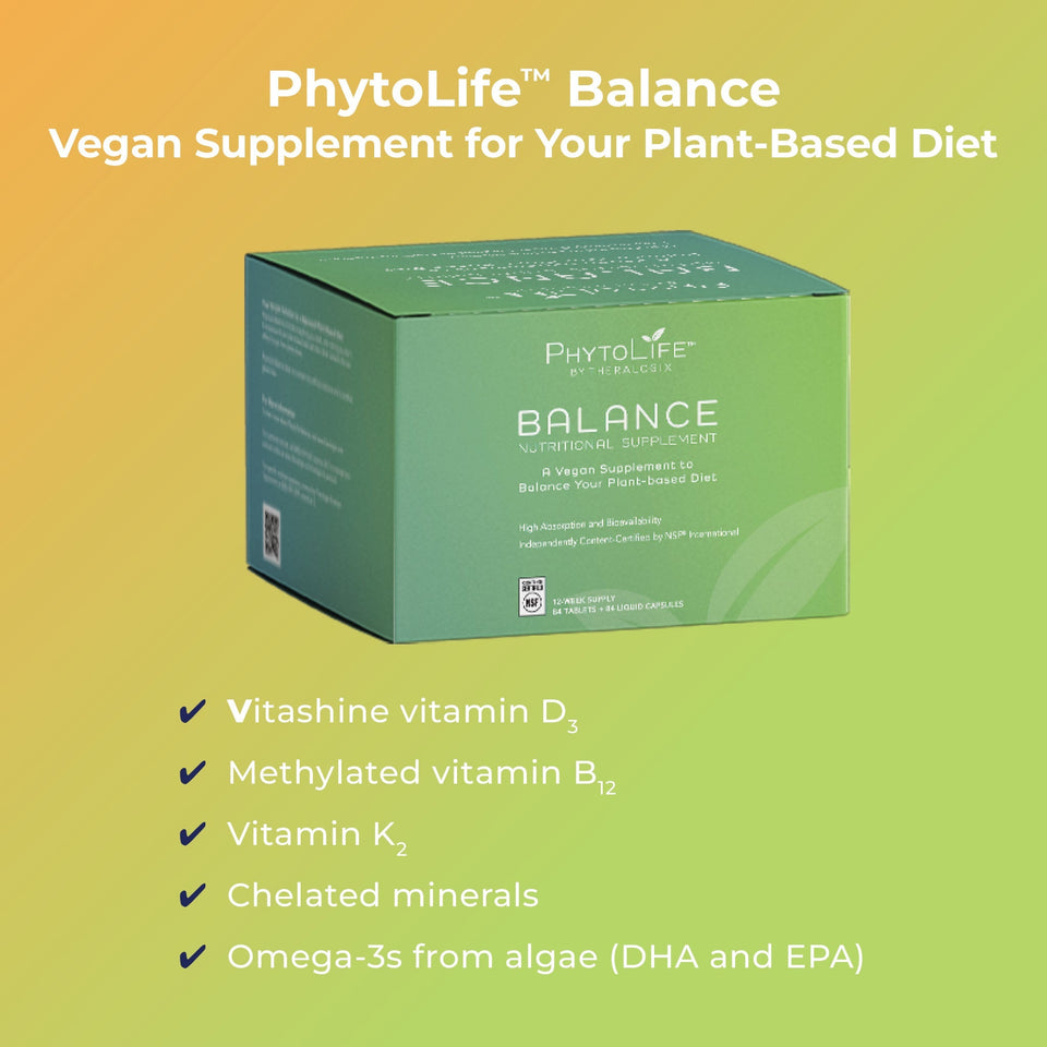 PhytoLife Balance is a multi-vitamin for individuals on a plant-based diet that contains 10 vital nutrients that can be hard to get from plants alone. 