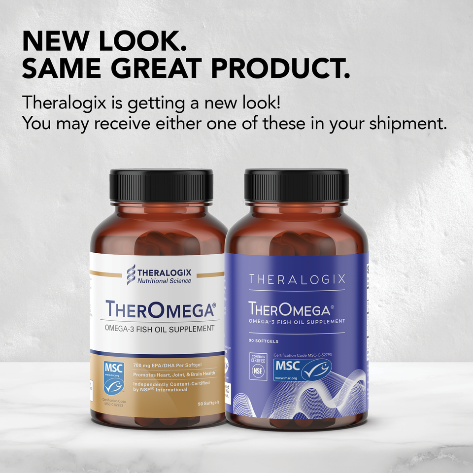 TherOmega contains Omega 3 sustainable fish oil from wild-caught Alaskan Pollock. The supplement is gluten-free and independently tested and certified by the NSF and IFOS.